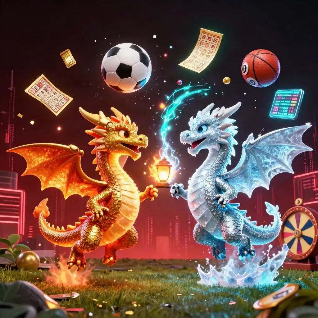 Twin gold and silver dragons with fire-and-ice yin-yang, lottery balls, wheel, tickets, and neon casino glow.