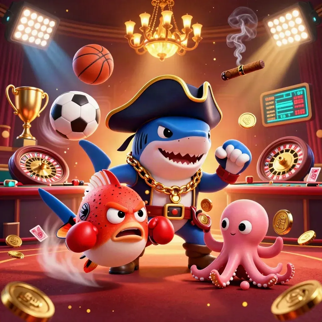 Pirate shark, pufferfish, and octopus amid casino lights, coins, and sports balls in a luxe 3D scene.