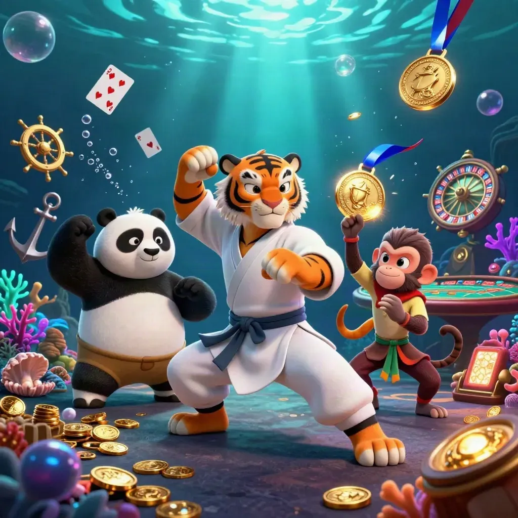 Kung-fu tiger, panda, and monkey in a neon underwater casino treasure cove