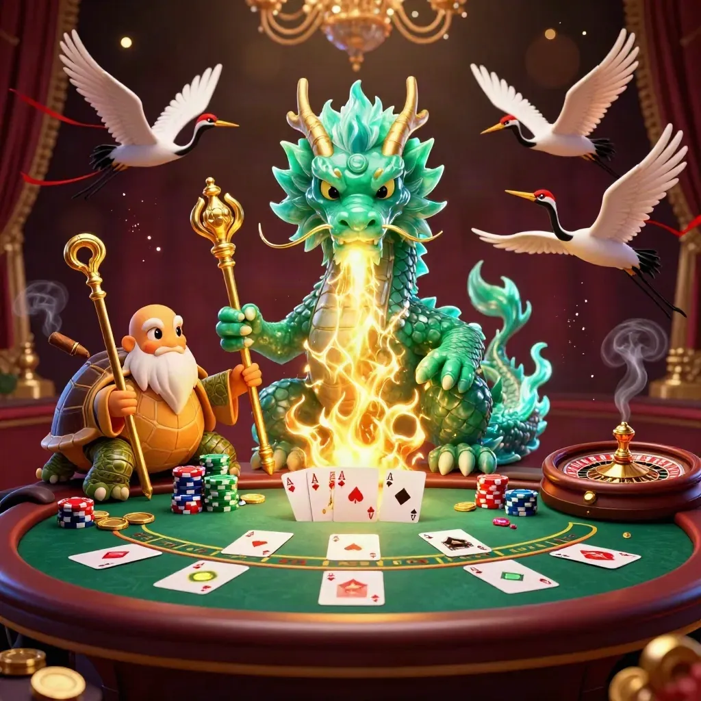 Emerald dragon, turtle sage and cranes over a glowing casino table with roulette wheel and chips.