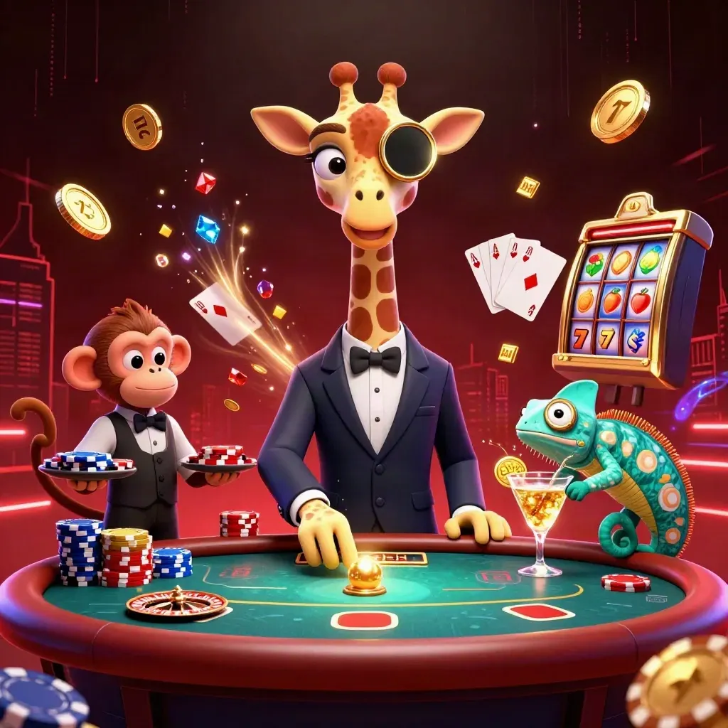 High-roller giraffe, monkey valet, and chameleon bartender amid gold chips, gems, roulette, and neon casino glow.