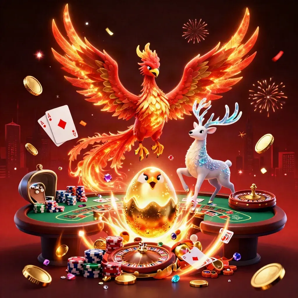 Phoenix, baby phoenix and crystal stag amid casino chips, vault gold and fireworks.