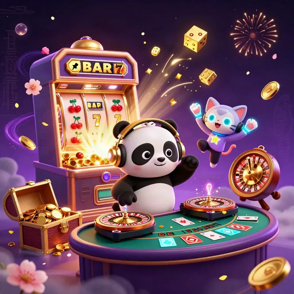 DJ panda, monkey, and kitten amid casino bursts, coins, fireworks, and magical neon energy