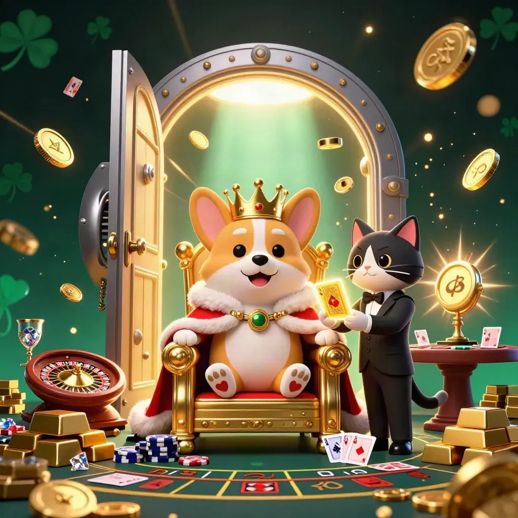 Royal corgi and cat butler amid a vault burst, gold coins, roulette, and casino glow.
