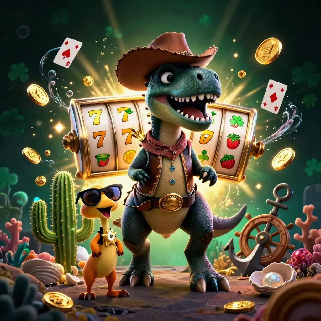Cowboy T-Rex, cactus and roadrunner amid casino reels, coins and treasure-cove glow.